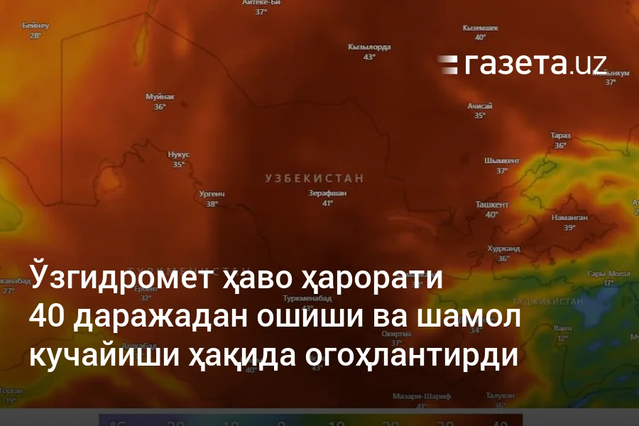 Ўзгидромет ҳаво ҳарорати 40 даражадан ошиши ва шамол кучайиши ҳақида огоҳлантирди